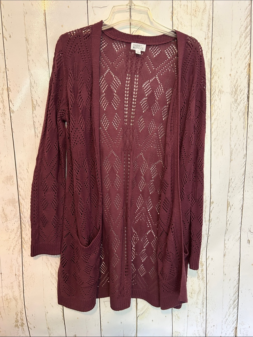 Market & Spruce Pointelle Open-Front Cardigan in Wine